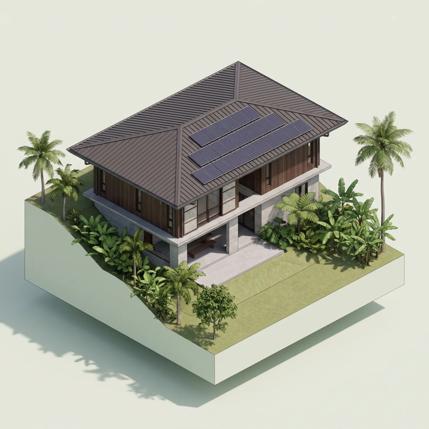 Model of Bahay Silong with a steel hip roof and solar panels on one slope